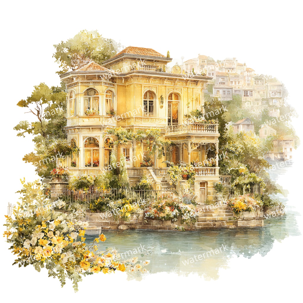 【商用利用可】川辺のヴィラ(水彩リバーサイドハウス)クリップアート20点セット|高解像度・透過PNG|風景・ヨーロッパ建築・コラージュ・ジャンクジャーナル素材|即ダウンロード