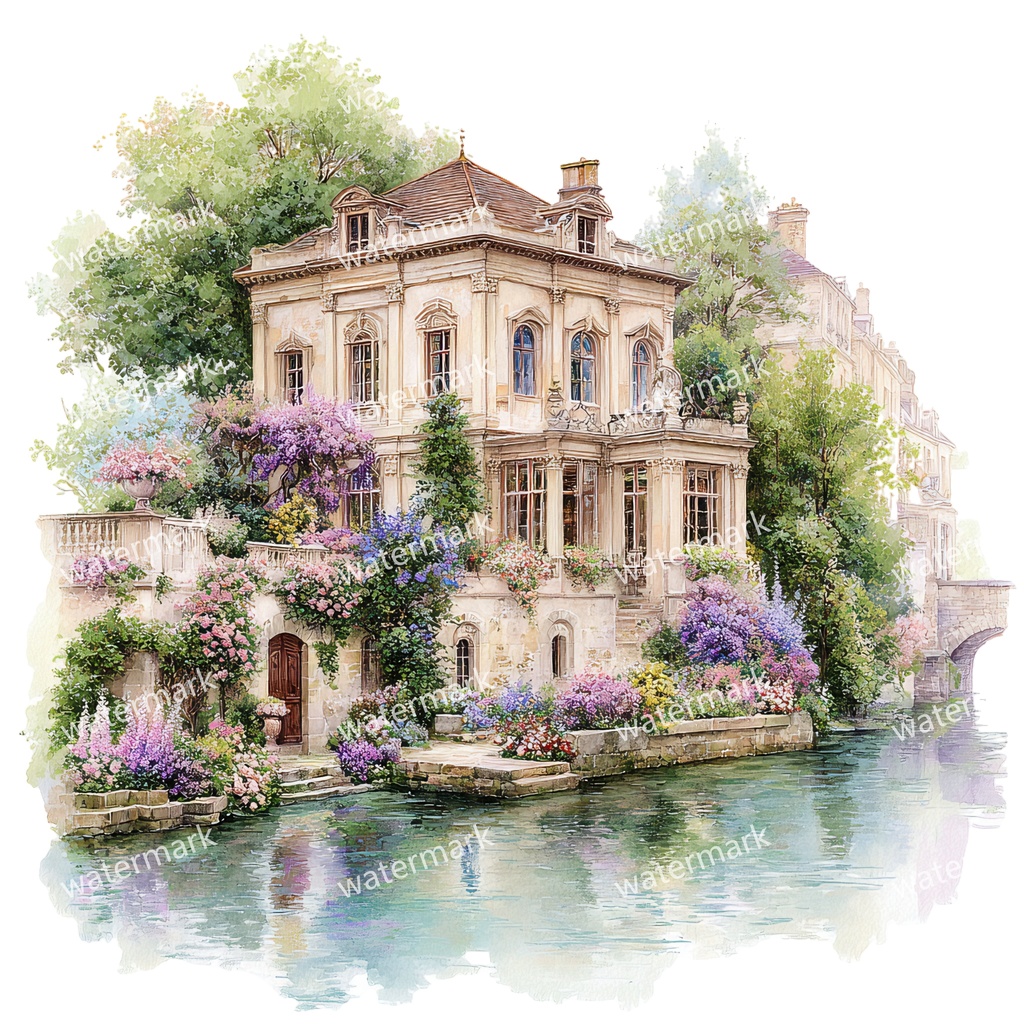 【商用利用可】川辺のヴィラ(水彩リバーサイドハウス)クリップアート20点セット|高解像度・透過PNG|風景・ヨーロッパ建築・コラージュ・ジャンクジャーナル素材|即ダウンロード