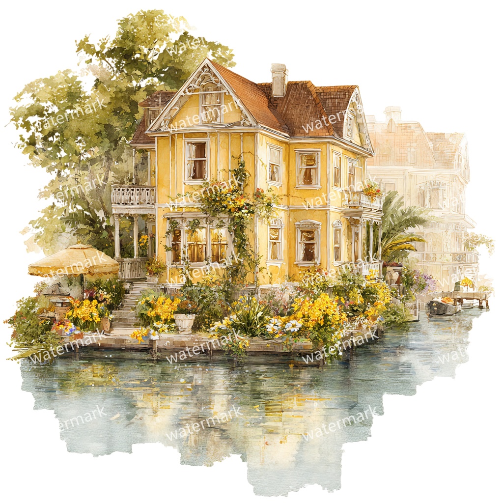 【商用利用可】川辺のヴィラ(水彩リバーサイドハウス)クリップアート20点セット|高解像度・透過PNG|風景・ヨーロッパ建築・コラージュ・ジャンクジャーナル素材|即ダウンロード