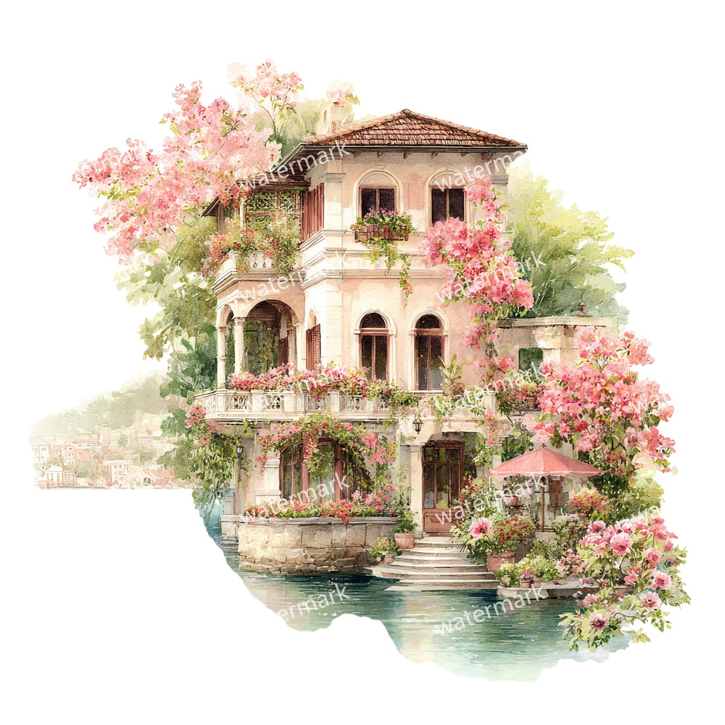 【商用利用可】川辺のヴィラ(水彩リバーサイドハウス)クリップアート20点セット|高解像度・透過PNG|風景・ヨーロッパ建築・コラージュ・ジャンクジャーナル素材|即ダウンロード
