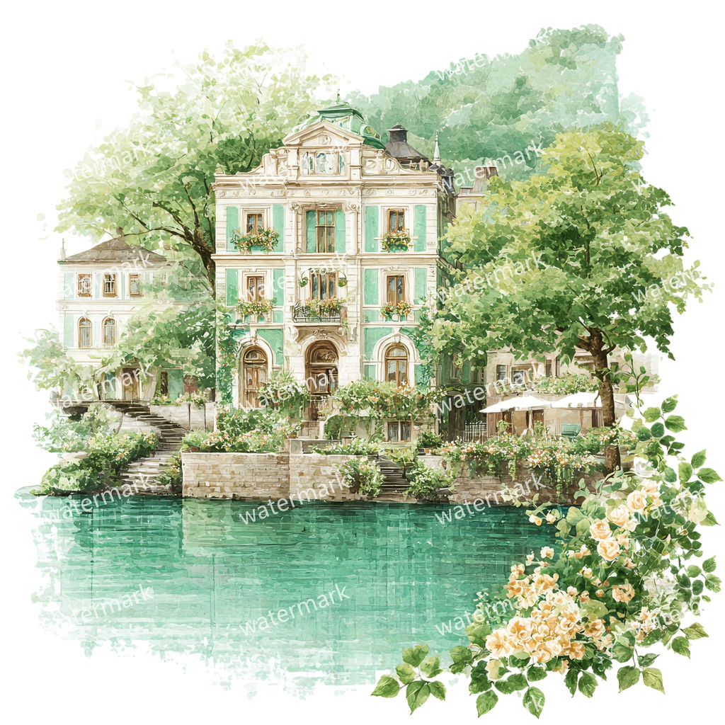 【商用利用可】川辺のヴィラ(水彩リバーサイドハウス)クリップアート20点セット|高解像度・透過PNG|風景・ヨーロッパ建築・コラージュ・ジャンクジャーナル素材|即ダウンロード