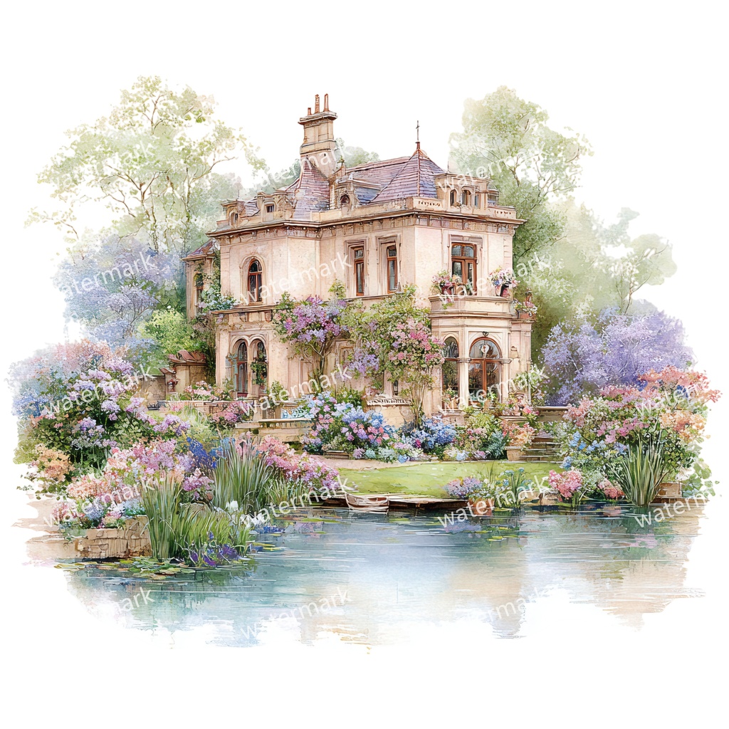 【商用利用可】川辺のヴィラ(水彩リバーサイドハウス)クリップアート20点セット|高解像度・透過PNG|風景・ヨーロッパ建築・コラージュ・ジャンクジャーナル素材|即ダウンロード
