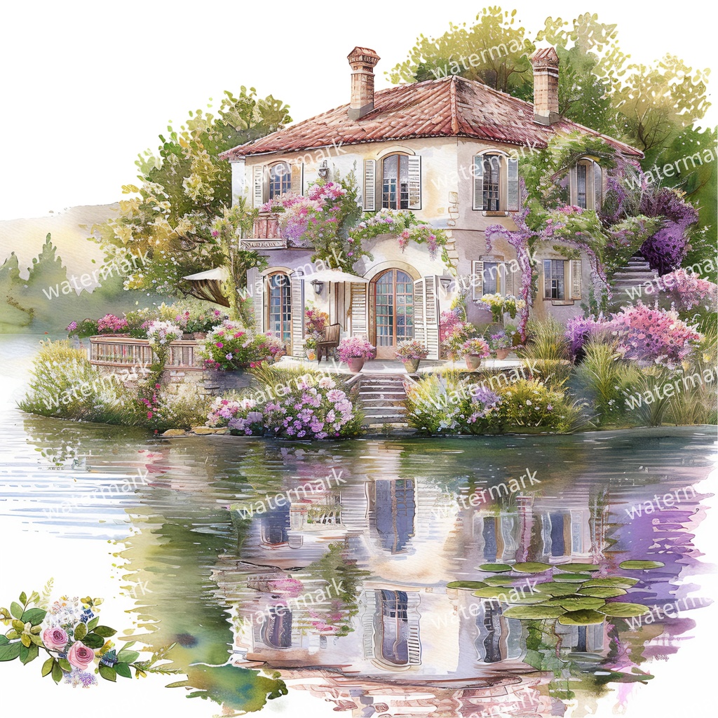 【商用利用可】川辺のヴィラ(水彩リバーサイドハウス)クリップアート20点セット|高解像度・透過PNG|風景・ヨーロッパ建築・コラージュ・ジャンクジャーナル素材|即ダウンロード