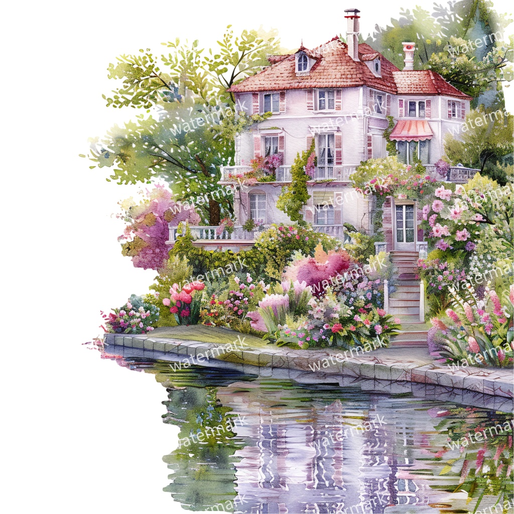 【商用利用可】川辺のヴィラ(水彩リバーサイドハウス)クリップアート20点セット|高解像度・透過PNG|風景・ヨーロッパ建築・コラージュ・ジャンクジャーナル素材|即ダウンロード