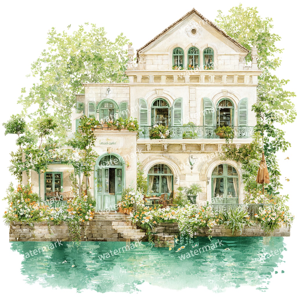 【商用利用可】川辺のヴィラ(水彩リバーサイドハウス)クリップアート20点セット|高解像度・透過PNG|風景・ヨーロッパ建築・コラージュ・ジャンクジャーナル素材|即ダウンロード