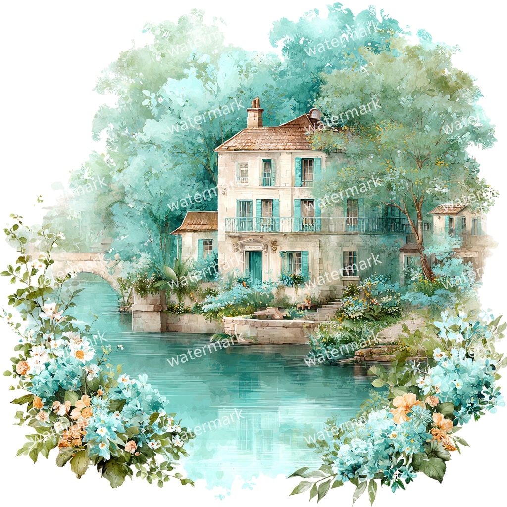 【商用利用可】川辺のヴィラ(水彩リバーサイドハウス)クリップアート20点セット|高解像度・透過PNG|風景・ヨーロッパ建築・コラージュ・ジャンクジャーナル素材|即ダウンロード