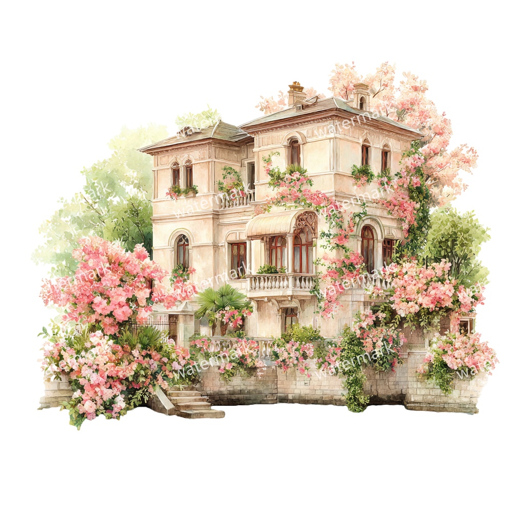 【商用利用可】川辺のヴィラ(水彩リバーサイドハウス)クリップアート20点セット|高解像度・透過PNG|風景・ヨーロッパ建築・コラージュ・ジャンクジャーナル素材|即ダウンロード