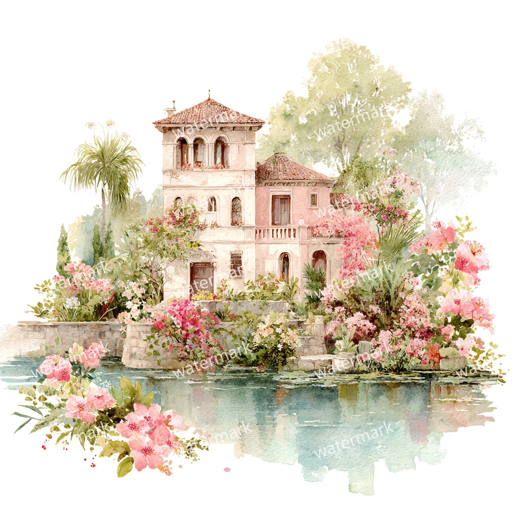 【商用利用可】川辺のヴィラ(水彩リバーサイドハウス)クリップアート20点セット|高解像度・透過PNG|風景・ヨーロッパ建築・コラージュ・ジャンクジャーナル素材|即ダウンロード