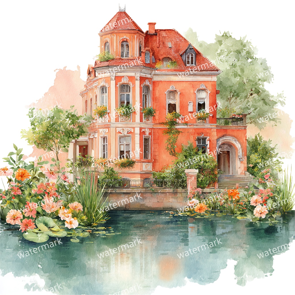 【商用利用可】川辺のヴィラ(水彩リバーサイドハウス)クリップアート20点セット|高解像度・透過PNG|風景・ヨーロッパ建築・コラージュ・ジャンクジャーナル素材|即ダウンロード