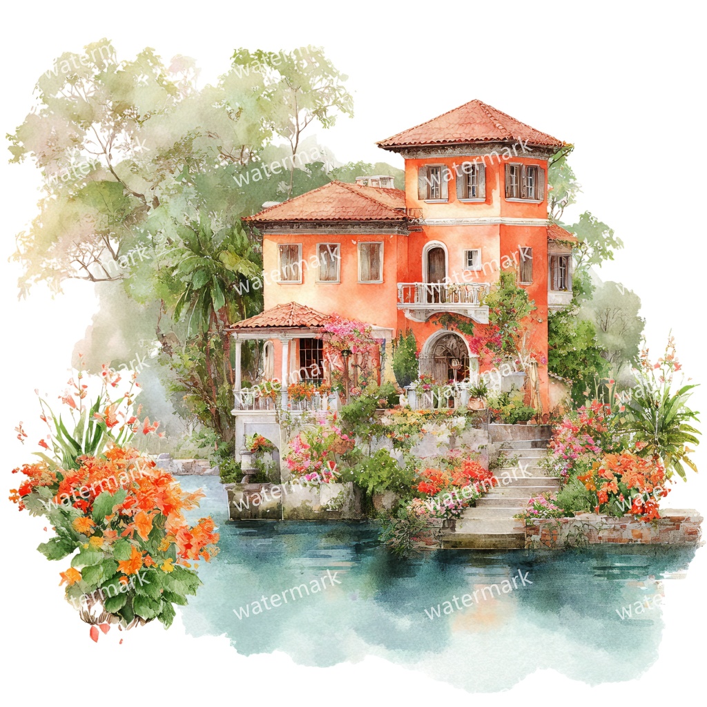【商用利用可】川辺のヴィラ(水彩リバーサイドハウス)クリップアート20点セット|高解像度・透過PNG|風景・ヨーロッパ建築・コラージュ・ジャンクジャーナル素材|即ダウンロード