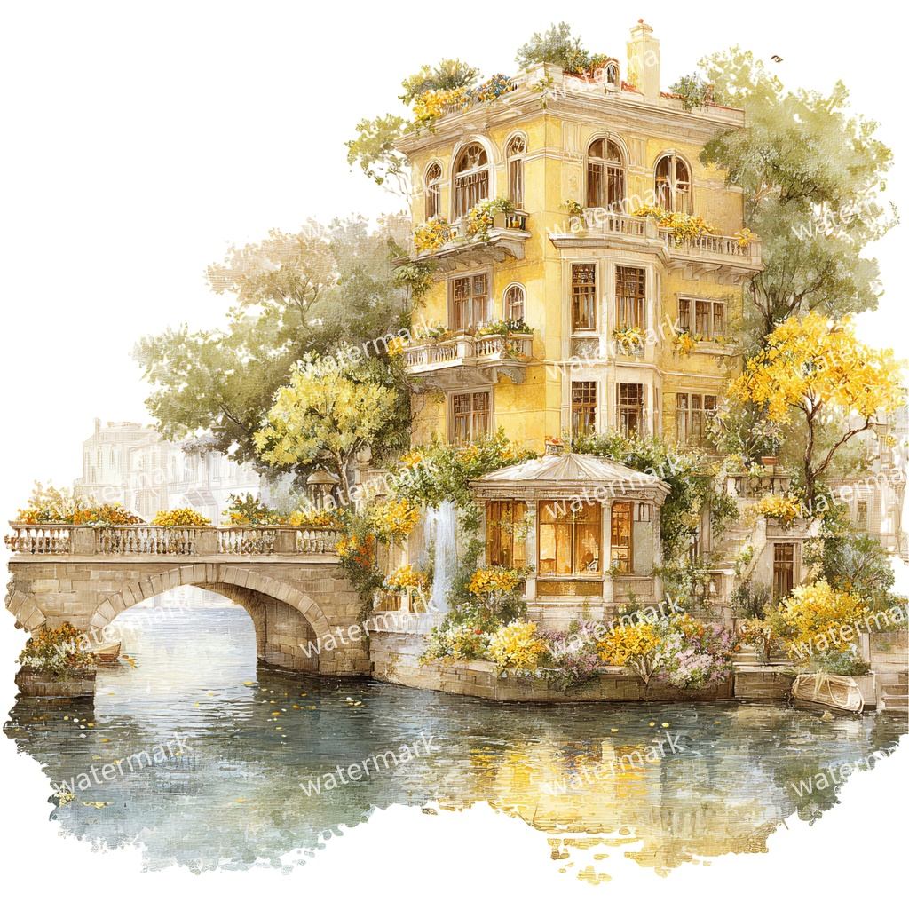 【商用利用可】川辺のヴィラ(水彩リバーサイドハウス)クリップアート20点セット|高解像度・透過PNG|風景・ヨーロッパ建築・コラージュ・ジャンクジャーナル素材|即ダウンロード