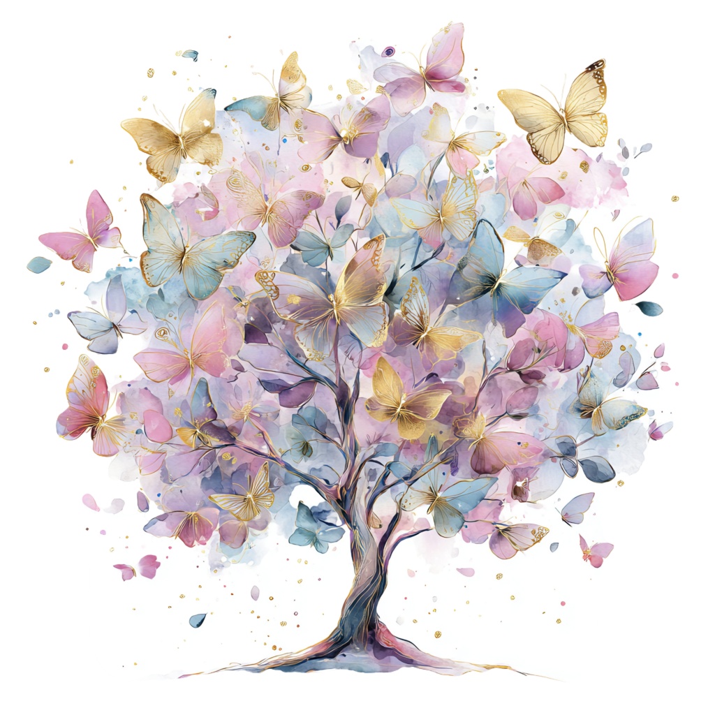 【商用利用可】蝶と花の木(水彩バタフライツリー)クリップアート20点セット|高解像度・透過PNG|ナチュラル・幻想的植物素材|コラージュ・ジャンクジャーナル素材|即ダウンロード