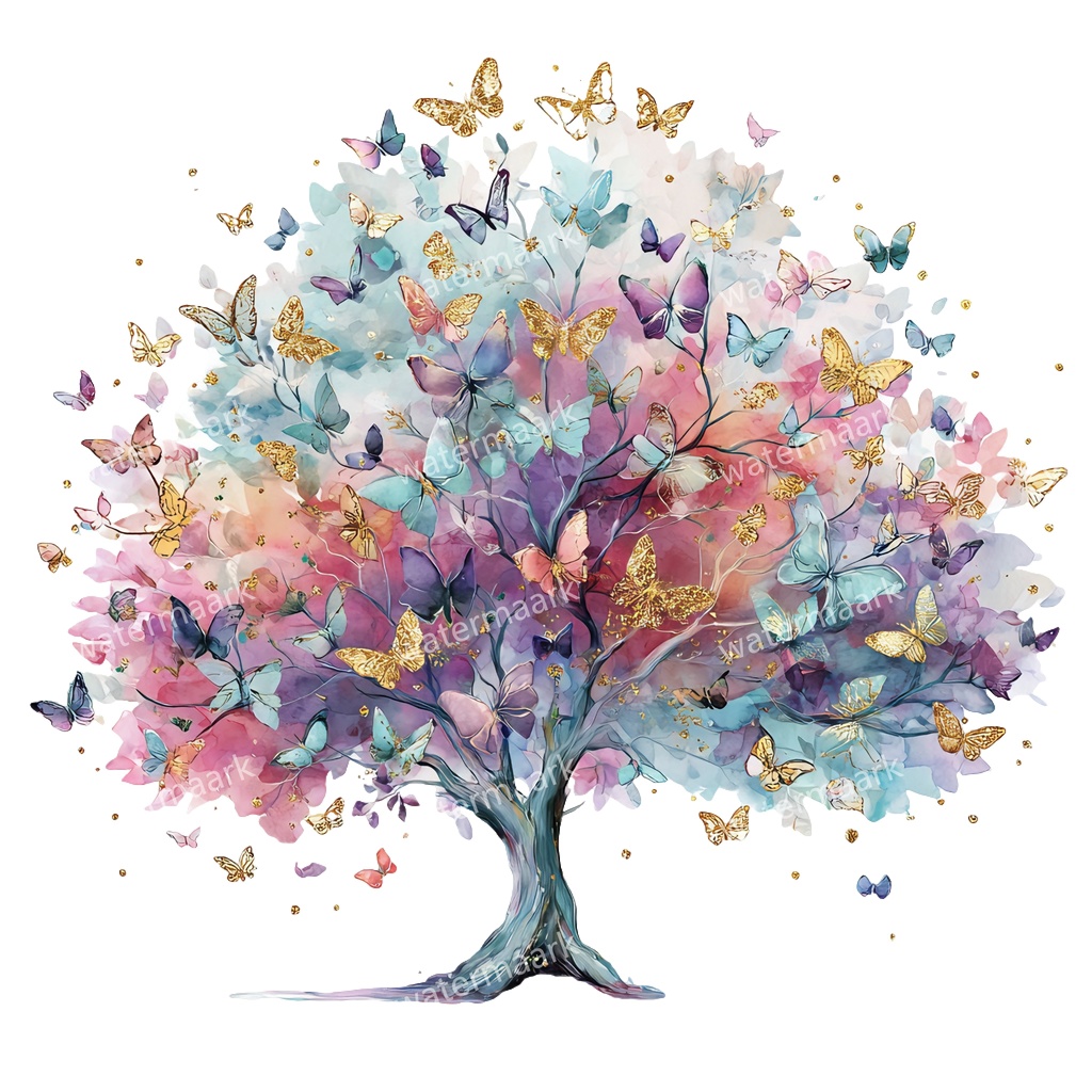 【商用利用可】蝶と花の木(水彩バタフライツリー)クリップアート20点セット|高解像度・透過PNG|ナチュラル・幻想的植物素材|コラージュ・ジャンクジャーナル素材|即ダウンロード