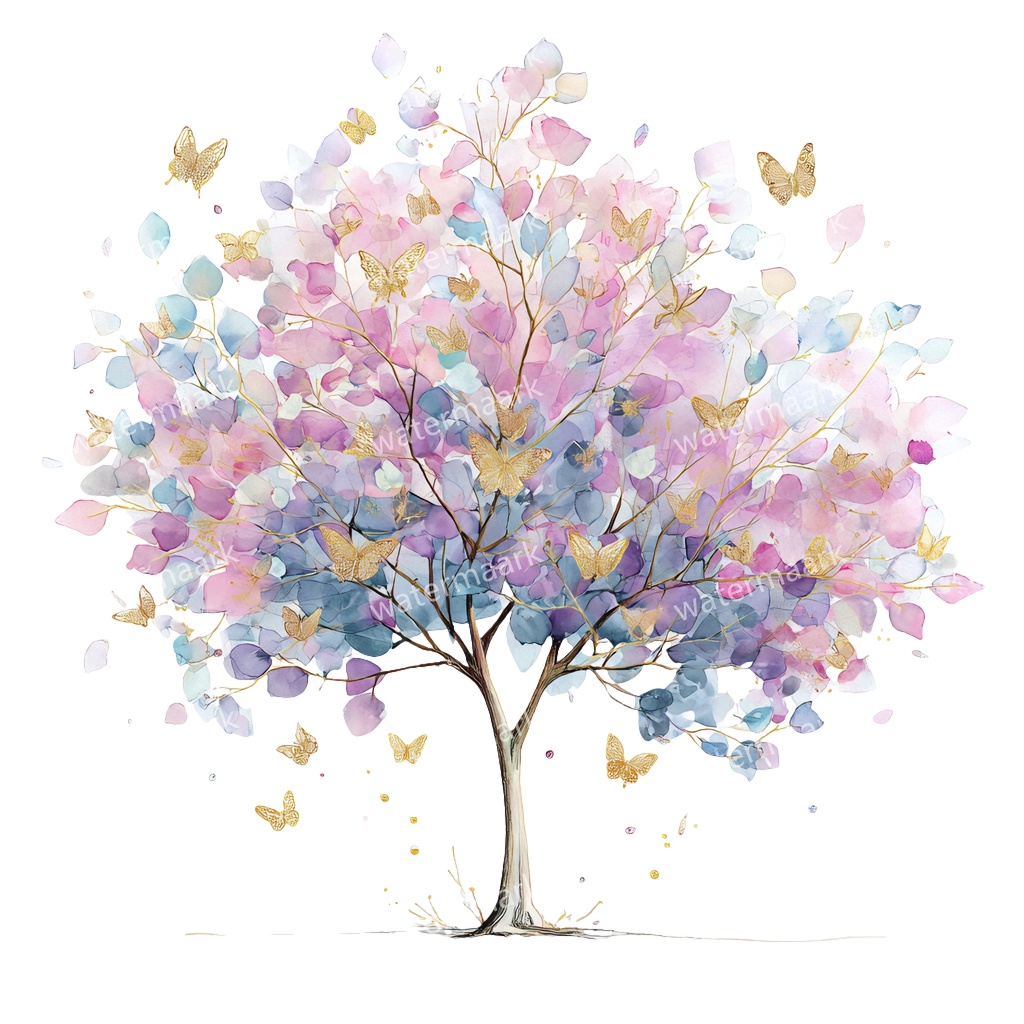 【商用利用可】蝶と花の木(水彩バタフライツリー)クリップアート20点セット|高解像度・透過PNG|ナチュラル・幻想的植物素材|コラージュ・ジャンクジャーナル素材|即ダウンロード