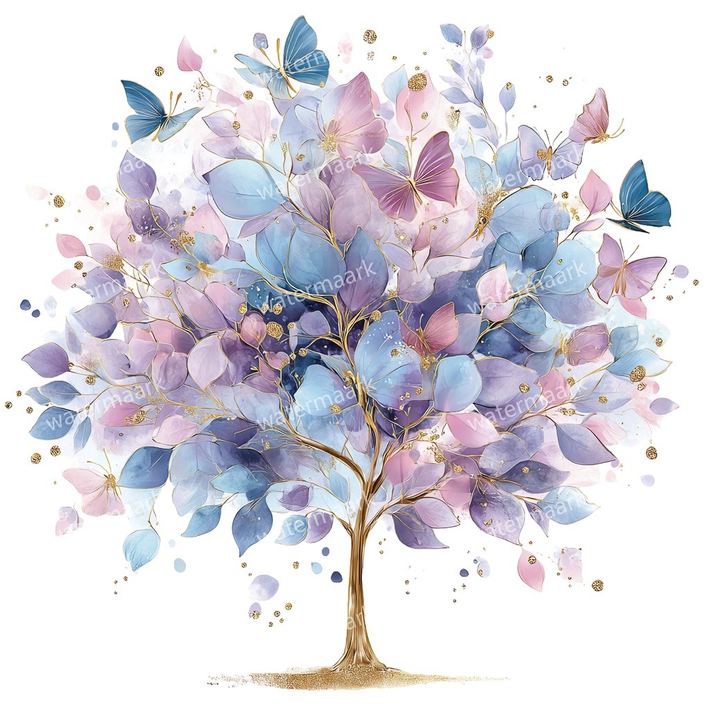 【商用利用可】蝶と花の木(水彩バタフライツリー)クリップアート20点セット|高解像度・透過PNG|ナチュラル・幻想的植物素材|コラージュ・ジャンクジャーナル素材|即ダウンロード