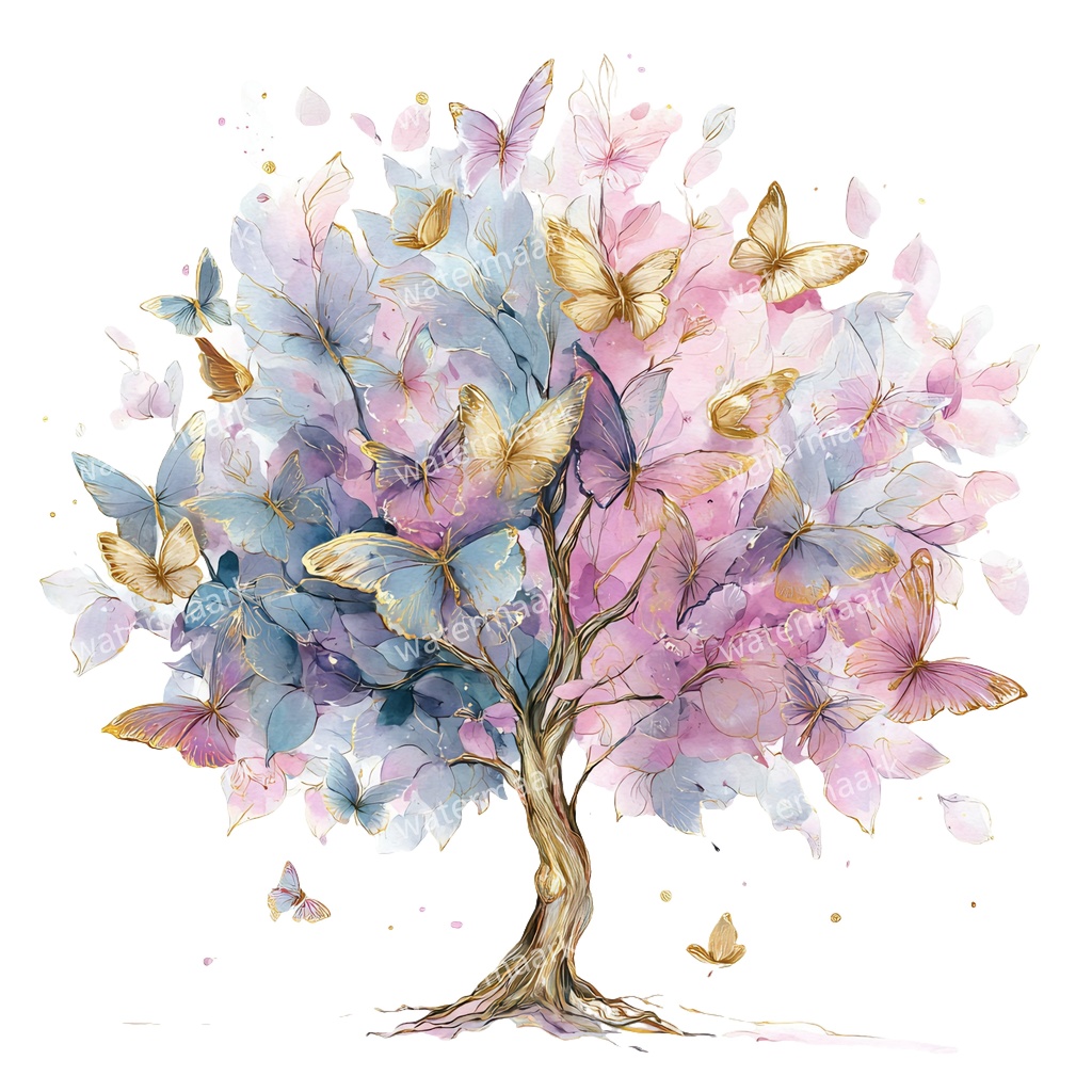 【商用利用可】蝶と花の木(水彩バタフライツリー)クリップアート20点セット|高解像度・透過PNG|ナチュラル・幻想的植物素材|コラージュ・ジャンクジャーナル素材|即ダウンロード