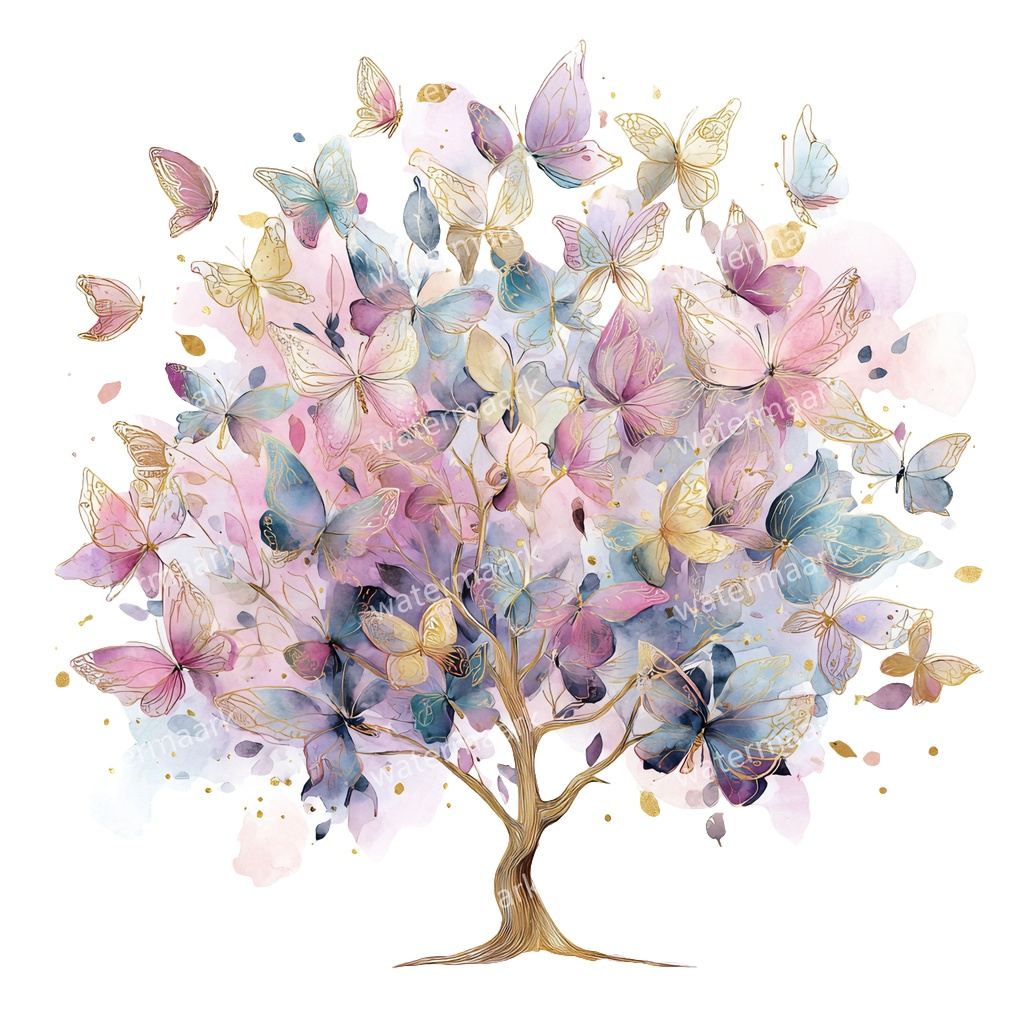 【商用利用可】蝶と花の木(水彩バタフライツリー)クリップアート20点セット|高解像度・透過PNG|ナチュラル・幻想的植物素材|コラージュ・ジャンクジャーナル素材|即ダウンロード