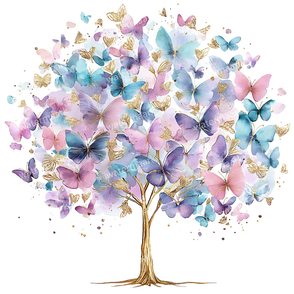 【商用利用可】蝶と花の木(水彩バタフライツリー)クリップアート20点セット|高解像度・透過PNG|ナチュラル・幻想的植物素材|コラージュ・ジャンクジャーナル素材|即ダウンロード