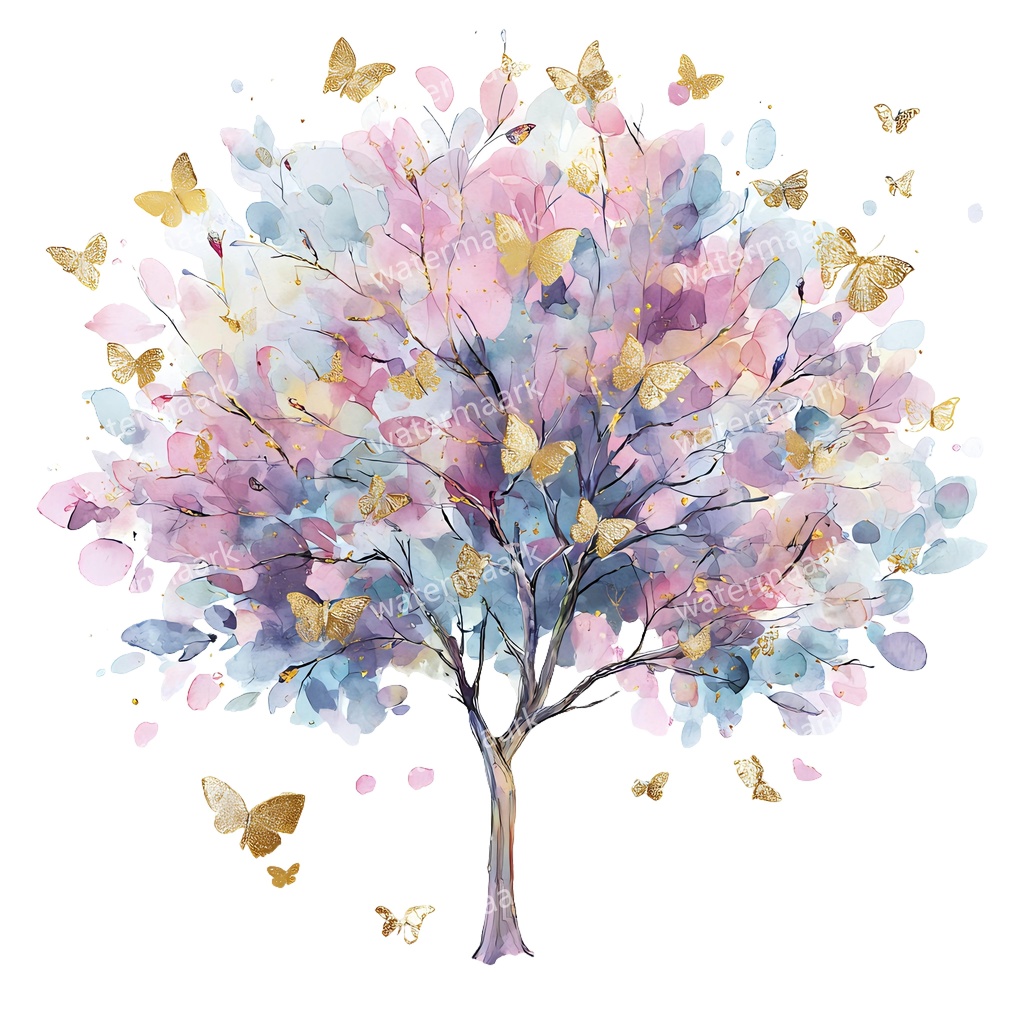 【商用利用可】蝶と花の木(水彩バタフライツリー)クリップアート20点セット|高解像度・透過PNG|ナチュラル・幻想的植物素材|コラージュ・ジャンクジャーナル素材|即ダウンロード