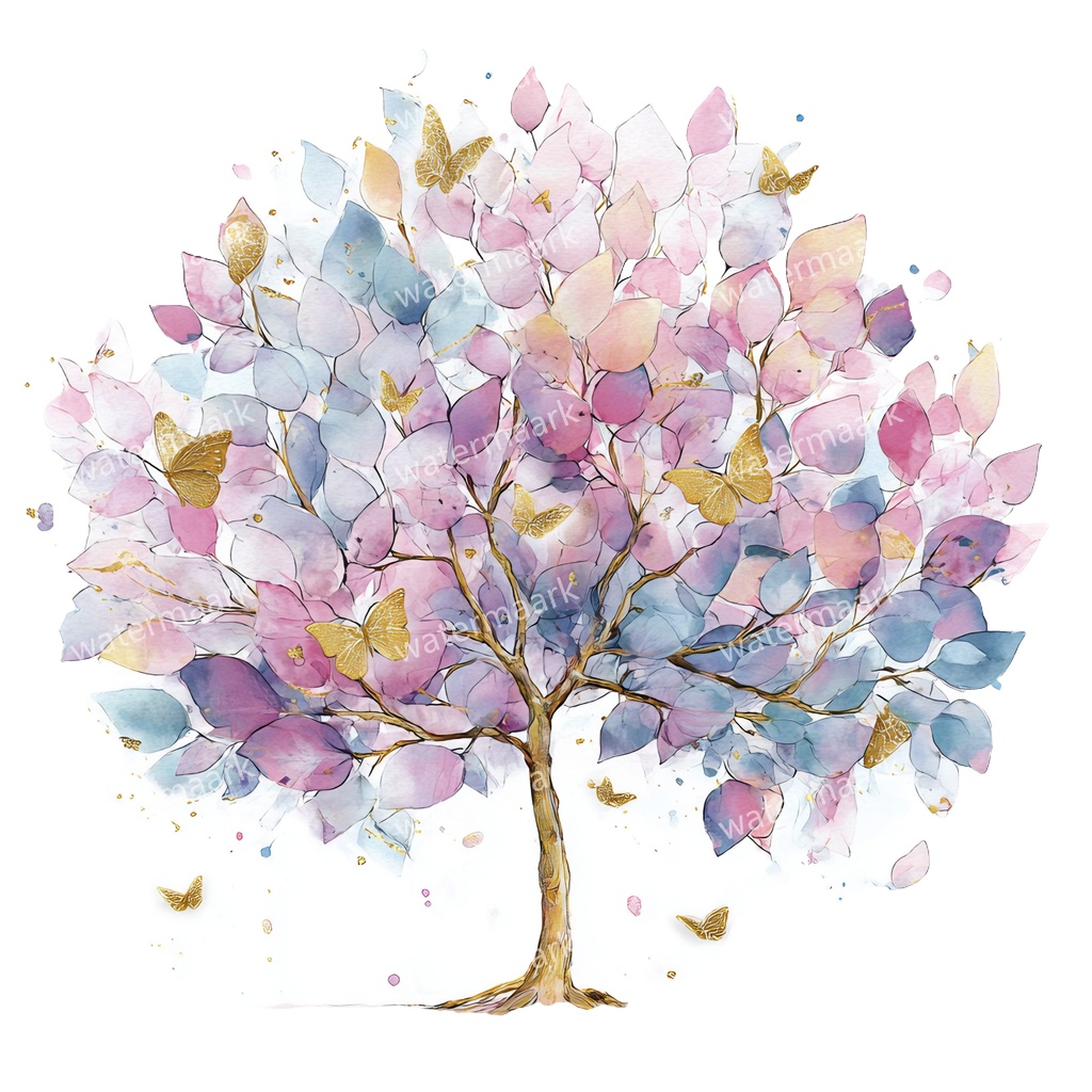 【商用利用可】蝶と花の木(水彩バタフライツリー)クリップアート20点セット|高解像度・透過PNG|ナチュラル・幻想的植物素材|コラージュ・ジャンクジャーナル素材|即ダウンロード