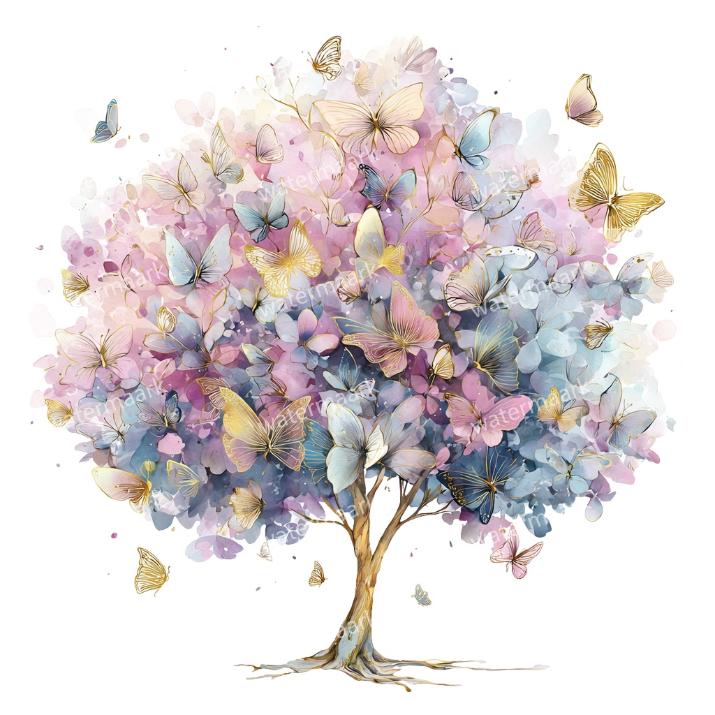【商用利用可】蝶と花の木(水彩バタフライツリー)クリップアート20点セット|高解像度・透過PNG|ナチュラル・幻想的植物素材|コラージュ・ジャンクジャーナル素材|即ダウンロード