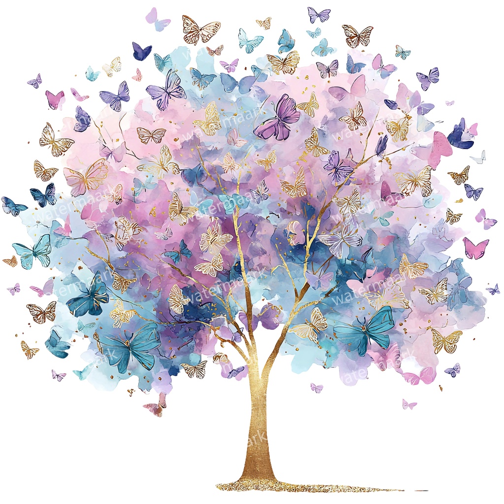 【商用利用可】蝶と花の木(水彩バタフライツリー)クリップアート20点セット|高解像度・透過PNG|ナチュラル・幻想的植物素材|コラージュ・ジャンクジャーナル素材|即ダウンロード