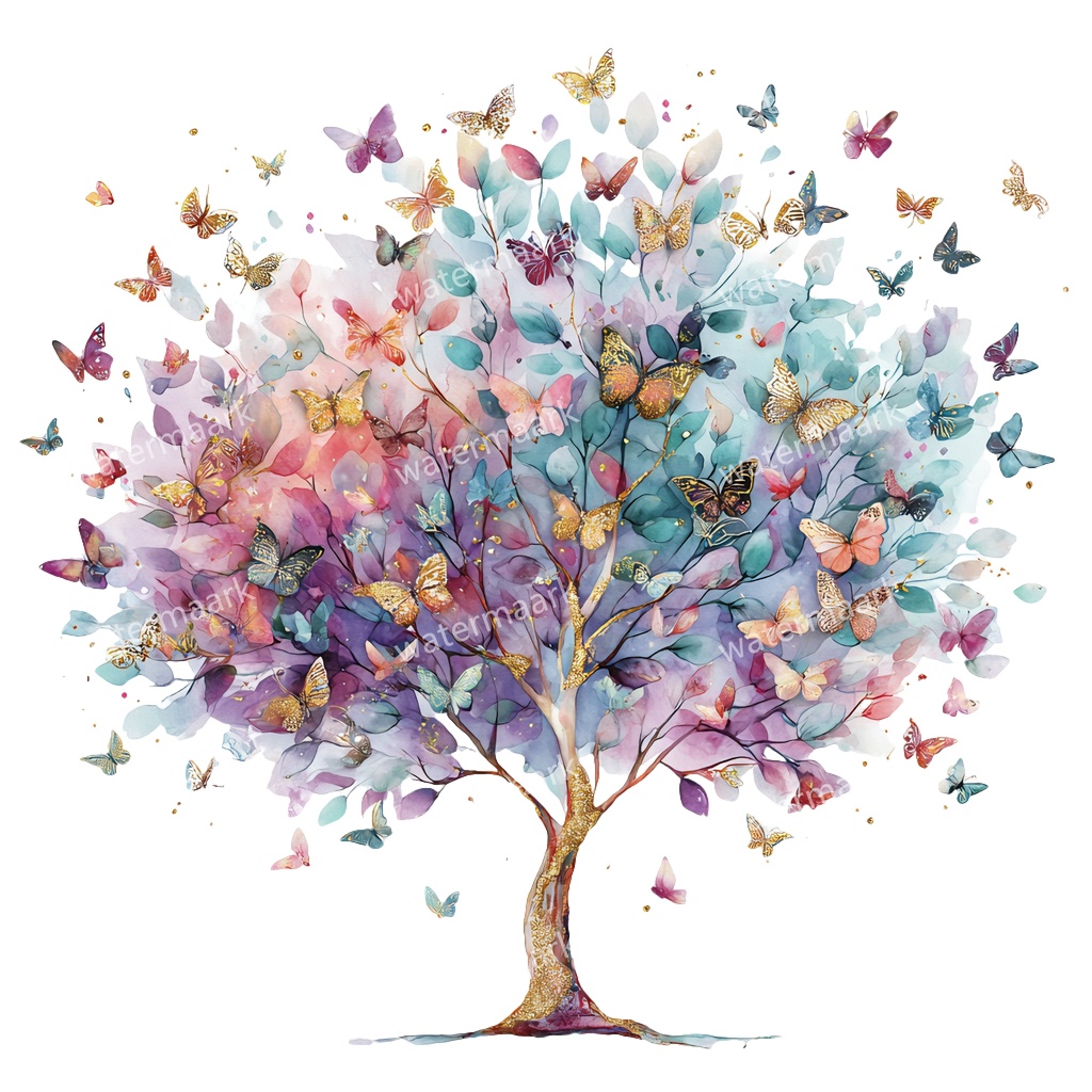 【商用利用可】蝶と花の木(水彩バタフライツリー)クリップアート20点セット|高解像度・透過PNG|ナチュラル・幻想的植物素材|コラージュ・ジャンクジャーナル素材|即ダウンロード