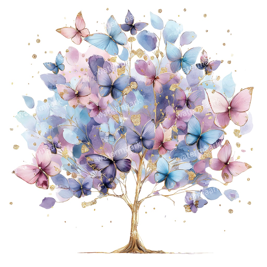 【商用利用可】蝶と花の木(水彩バタフライツリー)クリップアート20点セット|高解像度・透過PNG|ナチュラル・幻想的植物素材|コラージュ・ジャンクジャーナル素材|即ダウンロード