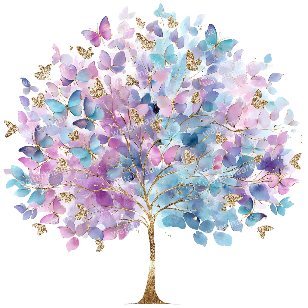 【商用利用可】蝶と花の木(水彩バタフライツリー)クリップアート20点セット|高解像度・透過PNG|ナチュラル・幻想的植物素材|コラージュ・ジャンクジャーナル素材|即ダウンロード