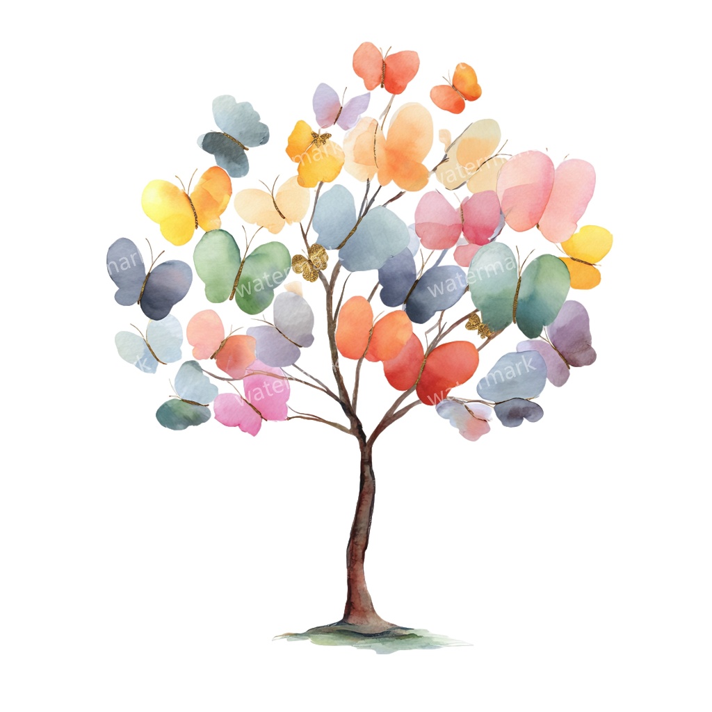 【商用利用可】蝶と花の木(水彩バタフライツリー)クリップアート16点セット|高解像度・透過PNG|ナチュラル・幻想的植物素材|コラージュ・ジャンクジャーナル素材|即ダウンロード