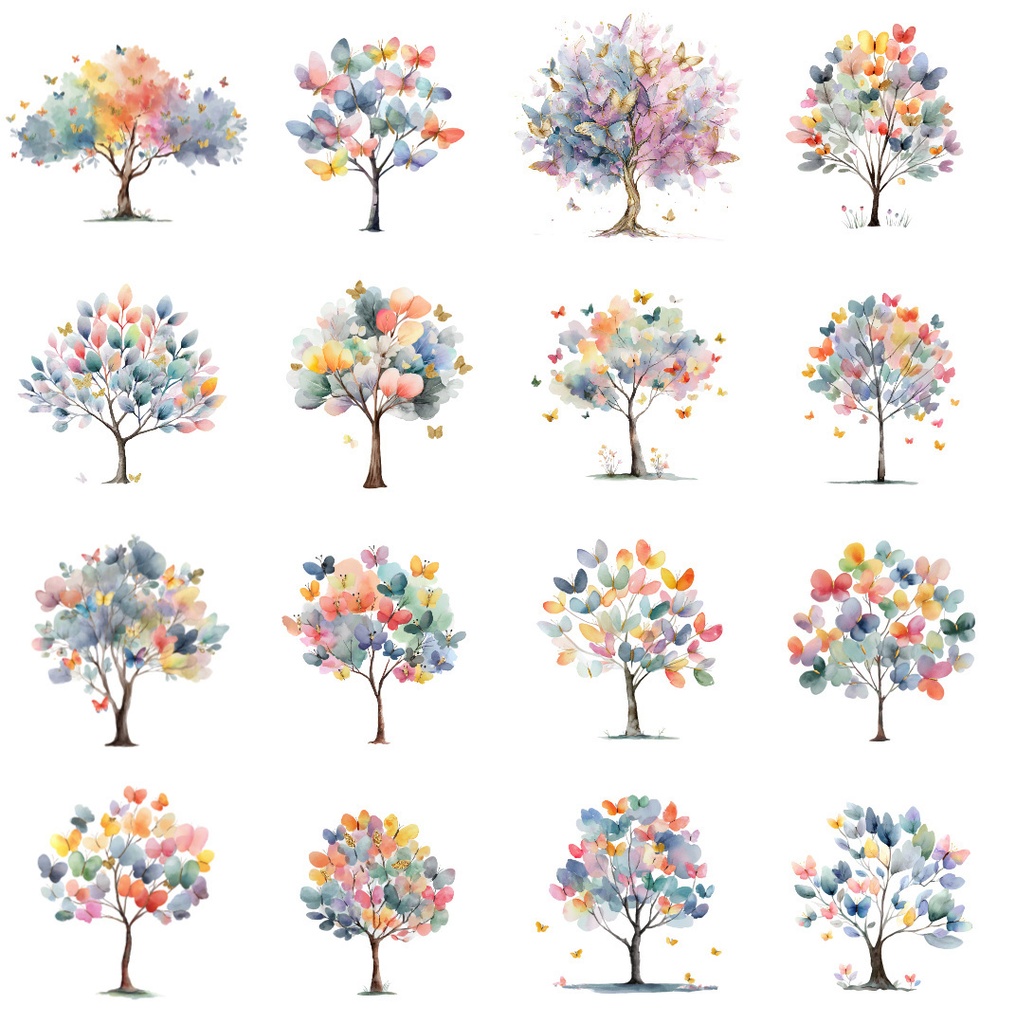 【商用利用可】蝶と花の木(水彩バタフライツリー)クリップアート16点セット|高解像度・透過PNG|ナチュラル・幻想的植物素材|コラージュ・ジャンクジャーナル素材|即ダウンロード