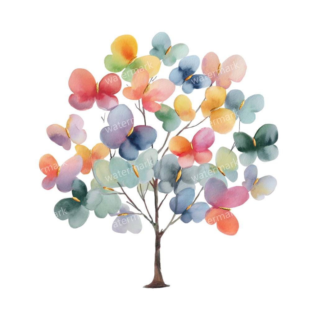 【商用利用可】蝶と花の木(水彩バタフライツリー)クリップアート16点セット|高解像度・透過PNG|ナチュラル・幻想的植物素材|コラージュ・ジャンクジャーナル素材|即ダウンロード