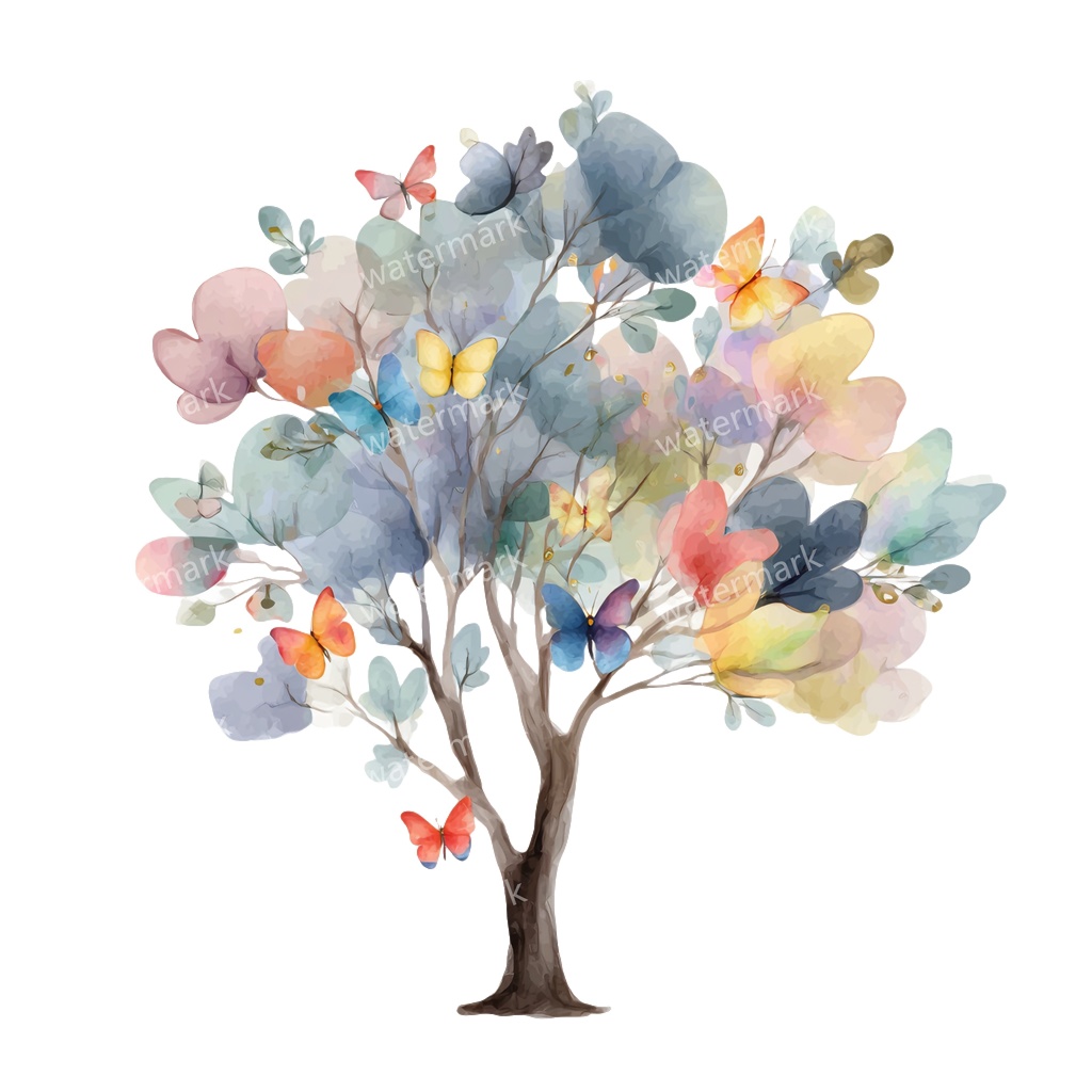 【商用利用可】蝶と花の木(水彩バタフライツリー)クリップアート16点セット|高解像度・透過PNG|ナチュラル・幻想的植物素材|コラージュ・ジャンクジャーナル素材|即ダウンロード