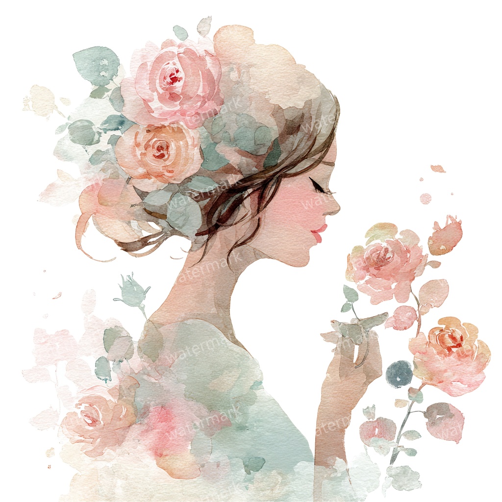 【商用利用可】花と女の子(水彩フラワーガール)クリップアート15点セット|高解像度・透過PNG|かわいい人物・ナチュラル素材|コラージュ・ジャンクジャーナル素材|即ダウンロード