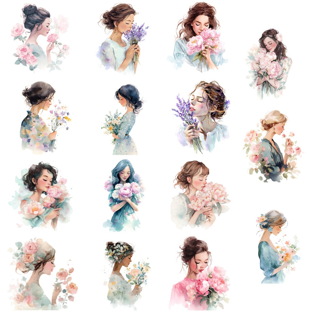 【商用利用可】花と女の子(水彩フラワーガール)クリップアート15点セット|高解像度・透過PNG|かわいい人物・ナチュラル素材|コラージュ・ジャンクジャーナル素材|即ダウンロード