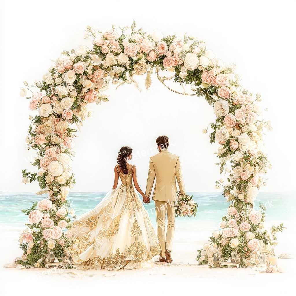 【商用利用可】ビーチウェディング(水彩・海辺の結婚式)クリップアート14点セット|高解像度・透過PNG|ブライダル・リゾート素材|コラージュ・ジャンクジャーナル素材|即ダウンロード