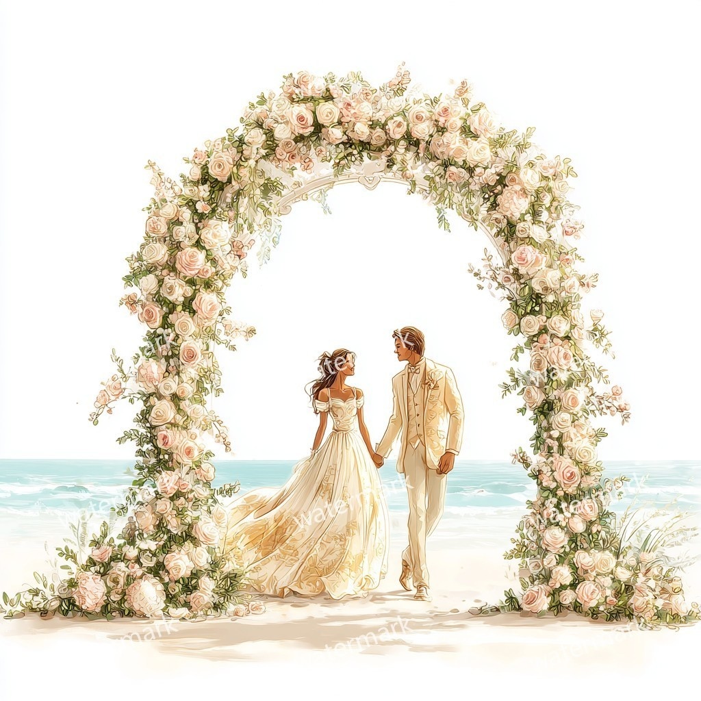 【商用利用可】ビーチウェディング(水彩・海辺の結婚式)クリップアート14点セット|高解像度・透過PNG|ブライダル・リゾート素材|コラージュ・ジャンクジャーナル素材|即ダウンロード