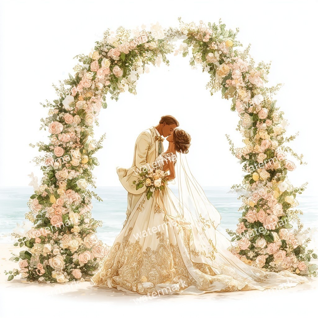 【商用利用可】ビーチウェディング(水彩・海辺の結婚式)クリップアート14点セット|高解像度・透過PNG|ブライダル・リゾート素材|コラージュ・ジャンクジャーナル素材|即ダウンロード