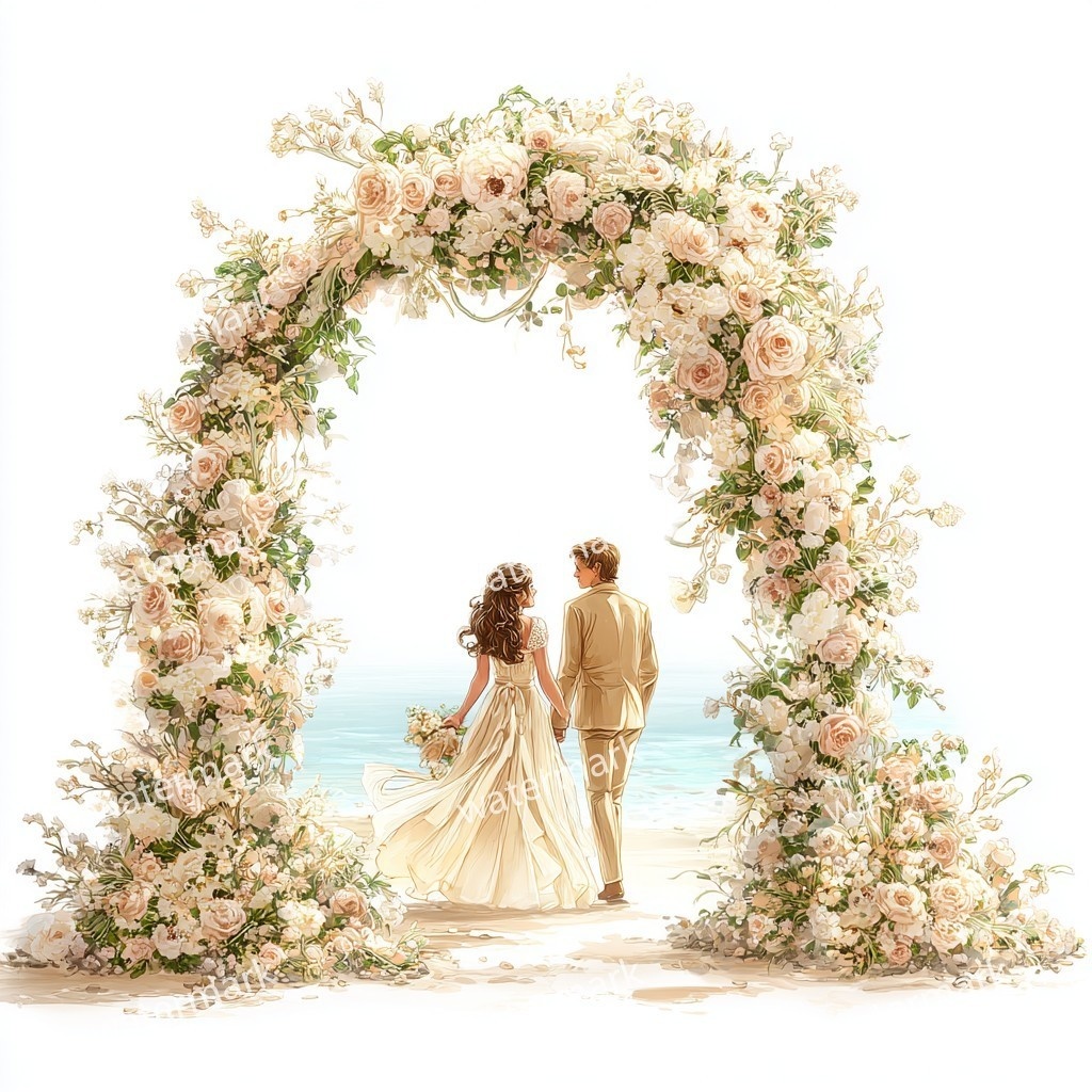 【商用利用可】ビーチウェディング(水彩・海辺の結婚式)クリップアート14点セット|高解像度・透過PNG|ブライダル・リゾート素材|コラージュ・ジャンクジャーナル素材|即ダウンロード