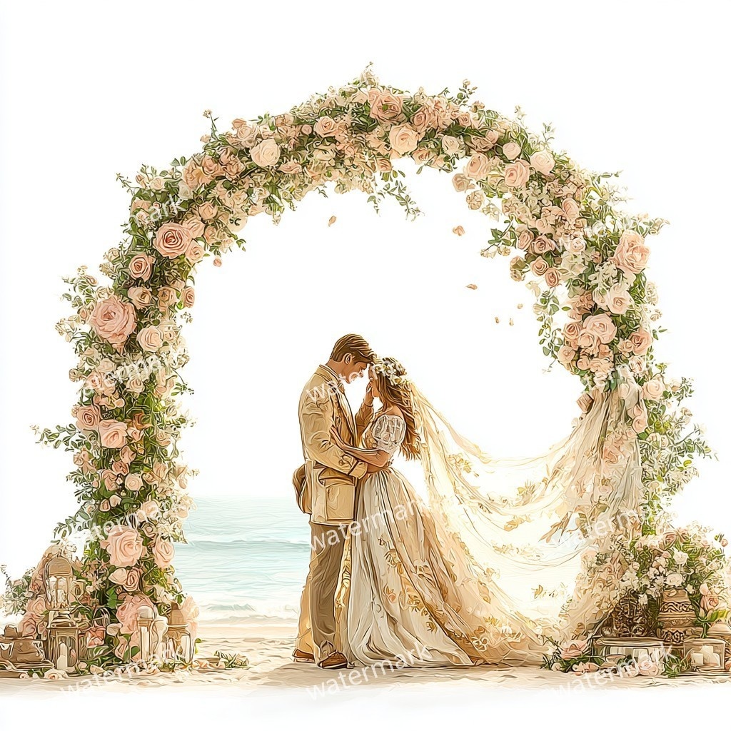 【商用利用可】ビーチウェディング(水彩・海辺の結婚式)クリップアート14点セット|高解像度・透過PNG|ブライダル・リゾート素材|コラージュ・ジャンクジャーナル素材|即ダウンロード