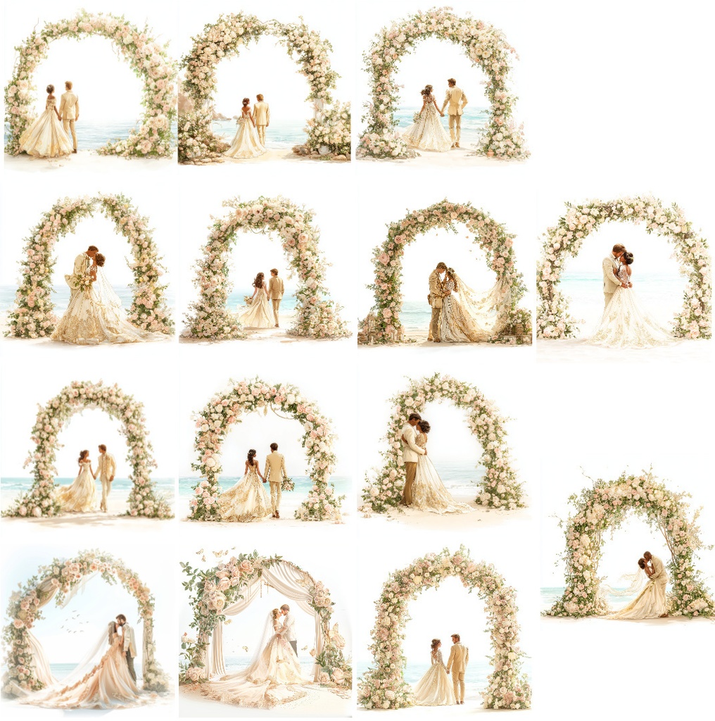 【商用利用可】ビーチウェディング(水彩・海辺の結婚式)クリップアート14点セット|高解像度・透過PNG|ブライダル・リゾート素材|コラージュ・ジャンクジャーナル素材|即ダウンロード