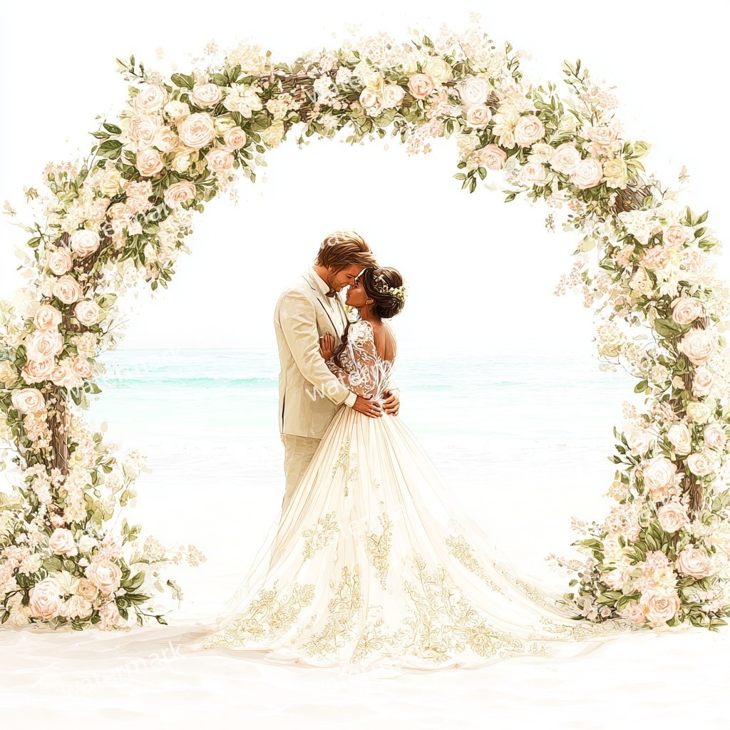 【商用利用可】ビーチウェディング(水彩・海辺の結婚式)クリップアート14点セット|高解像度・透過PNG|ブライダル・リゾート素材|コラージュ・ジャンクジャーナル素材|即ダウンロード