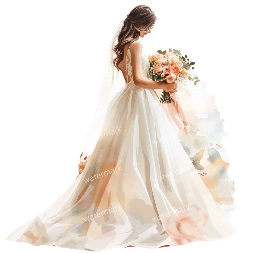 【商用利用可】花嫁(水彩ウェディングブライド)クリップアート20点セット|高解像度・透過PNG|ブライダル・人物素材|コラージュ・ジャンクジャーナル素材|即ダウンロード