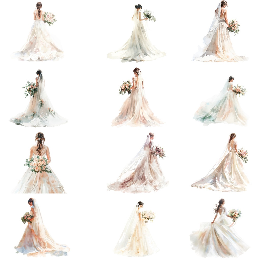 【商用利用可】花嫁(水彩ウェディングブライド)クリップアート20点セット|高解像度・透過PNG|ブライダル・人物素材|コラージュ・ジャンクジャーナル素材|即ダウンロード