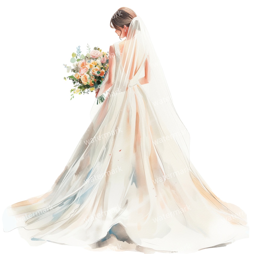 【商用利用可】花嫁(水彩ウェディングブライド)クリップアート20点セット|高解像度・透過PNG|ブライダル・人物素材|コラージュ・ジャンクジャーナル素材|即ダウンロード