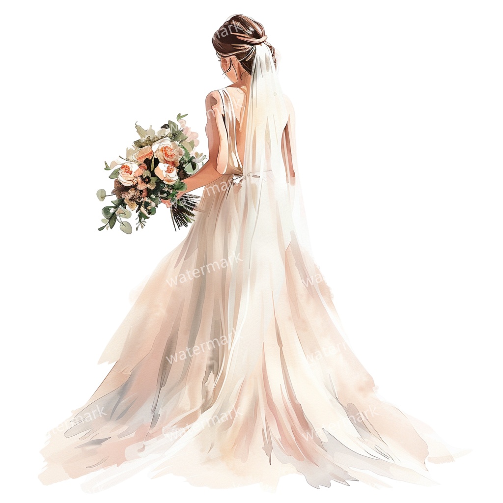 【商用利用可】花嫁(水彩ウェディングブライド)クリップアート20点セット|高解像度・透過PNG|ブライダル・人物素材|コラージュ・ジャンクジャーナル素材|即ダウンロード