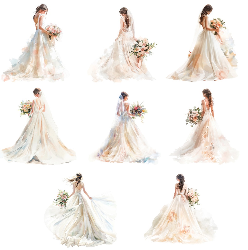 【商用利用可】花嫁(水彩ウェディングブライド)クリップアート20点セット|高解像度・透過PNG|ブライダル・人物素材|コラージュ・ジャンクジャーナル素材|即ダウンロード