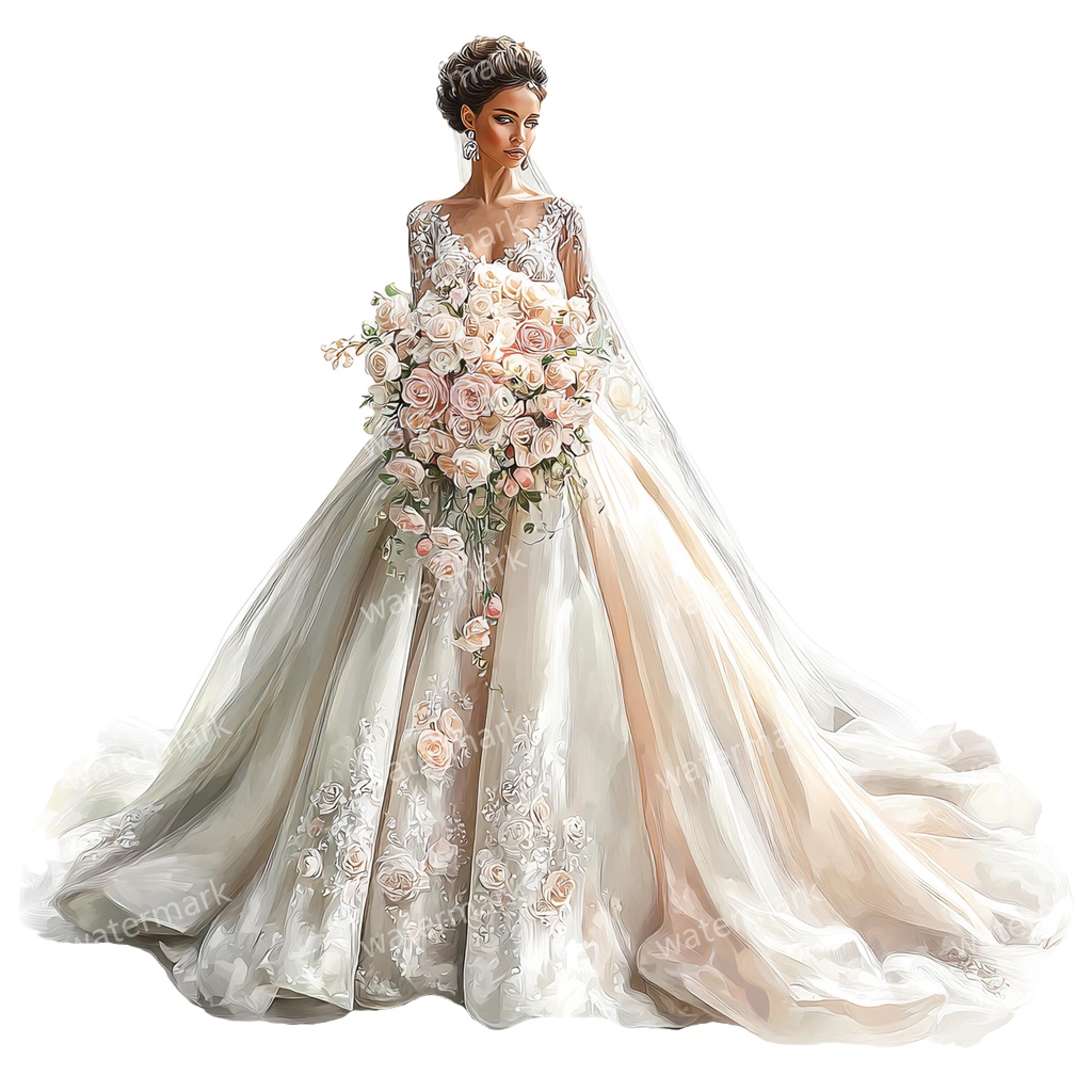 【商用利用可】ウェディング花嫁(水彩ブライド)クリップアート16点セット|高解像度・透過PNG|結婚式・ロマンチック人物素材|コラージュ・ジャンクジャーナル素材|即ダウンロード
