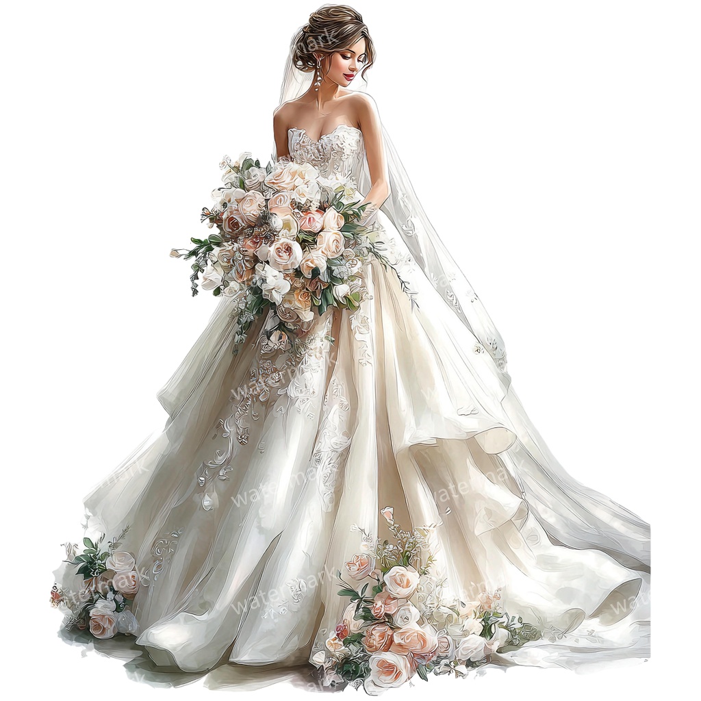 【商用利用可】ウェディング花嫁(水彩ブライド)クリップアート16点セット|高解像度・透過PNG|結婚式・ロマンチック人物素材|コラージュ・ジャンクジャーナル素材|即ダウンロード