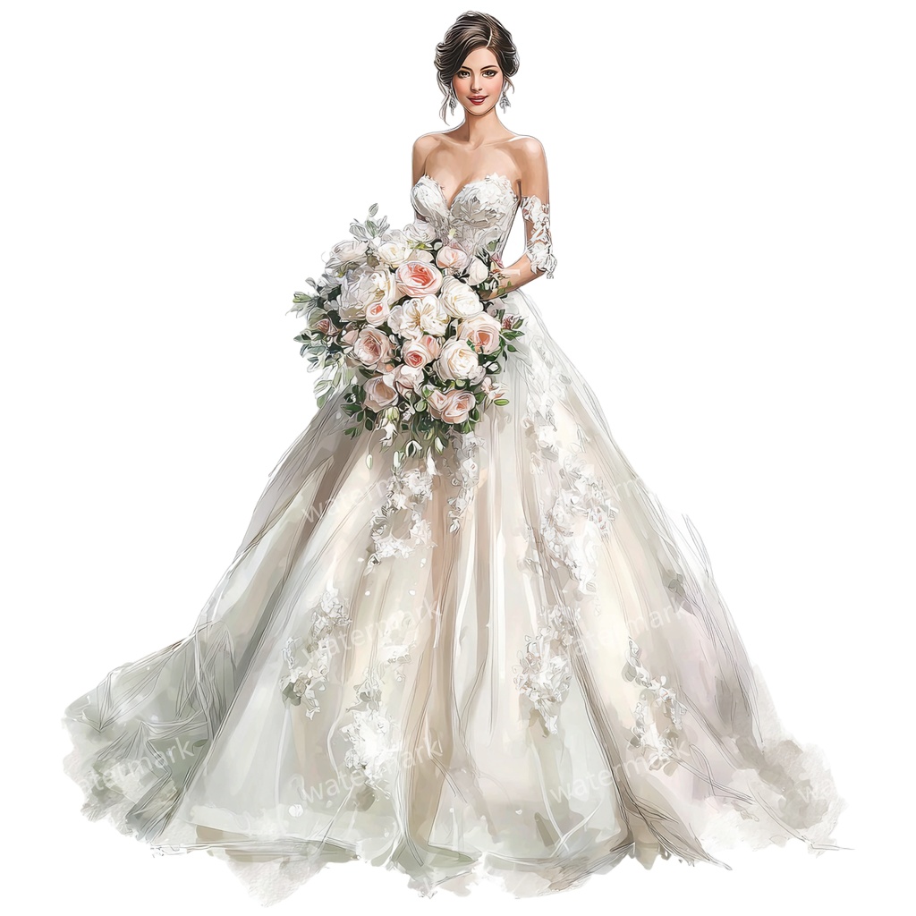 【商用利用可】ウェディング花嫁(水彩ブライド)クリップアート16点セット|高解像度・透過PNG|結婚式・ロマンチック人物素材|コラージュ・ジャンクジャーナル素材|即ダウンロード